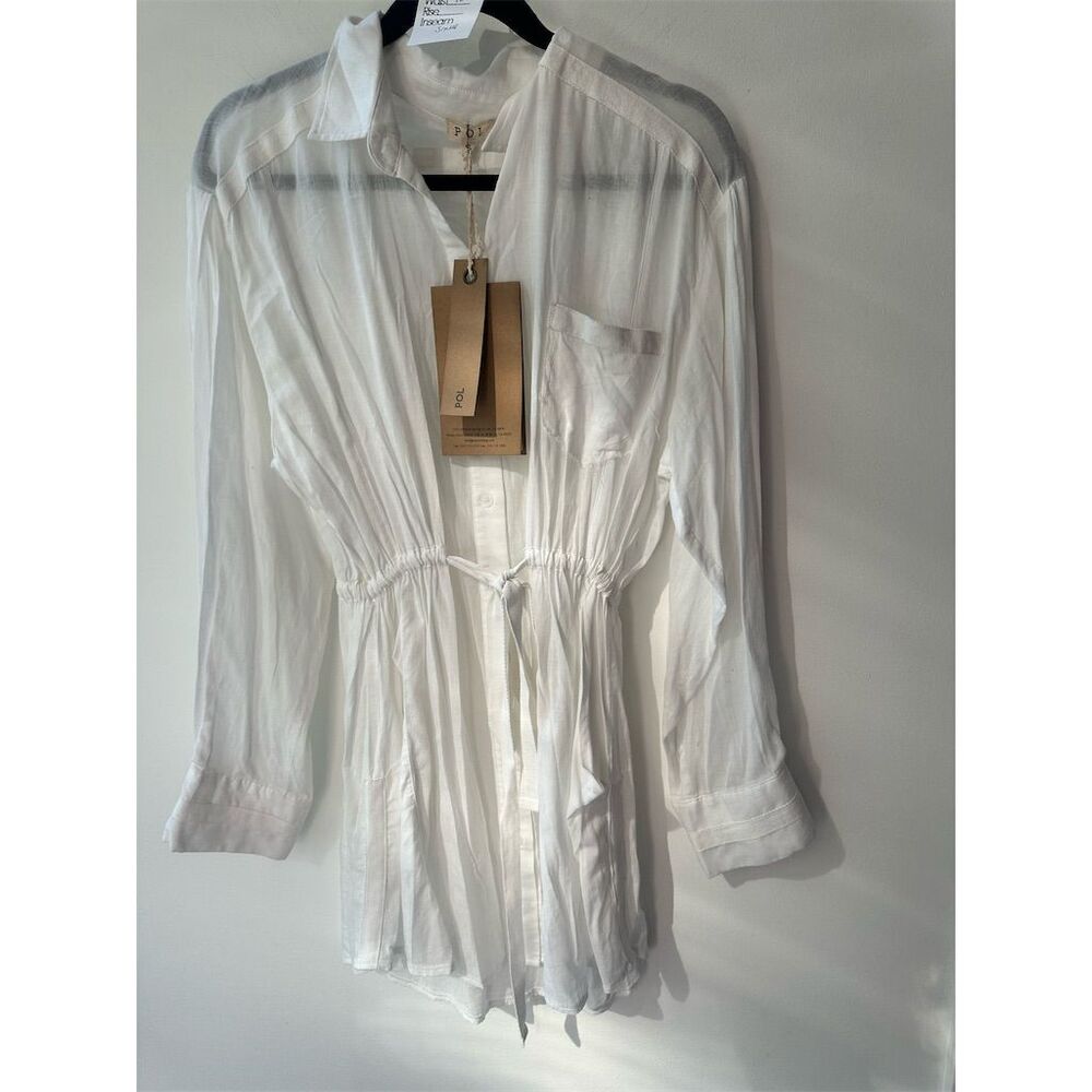 POL Women's White Long Sleeve Drawstring Shirt Cover-up Dress